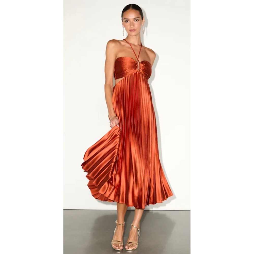 Lulus Radiant Rust Orange Satin Pleated Cut-Out Halter Midi Dress